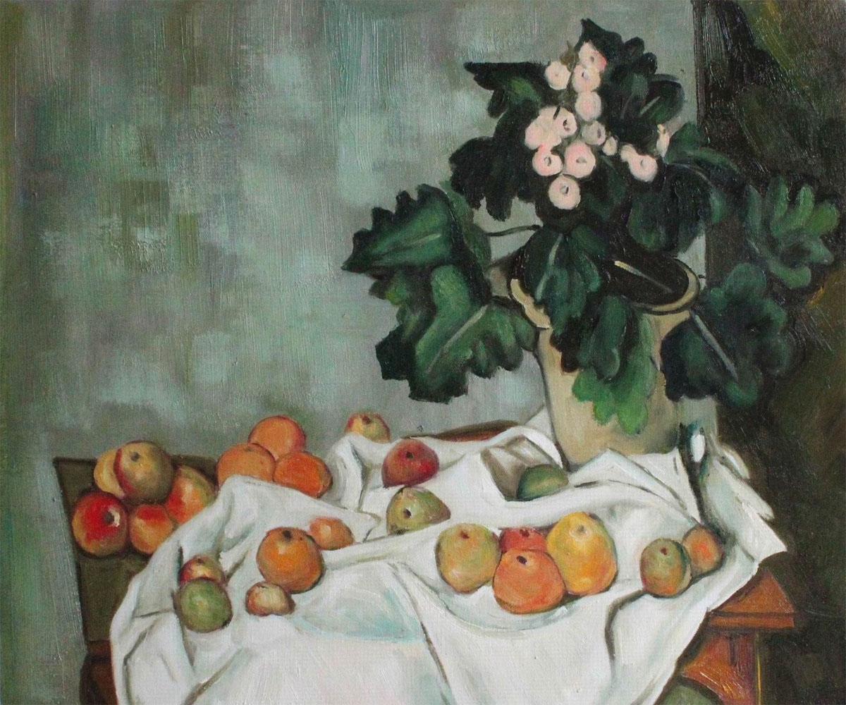 Still Life with Apples and a Pot of Primroses - Paul Cezanne Painting